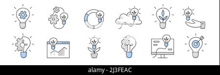 Idea icons, doodle business panneaux ampoules avec roue dentée, carte, sprint, ampoule avec cerveau, nuage, cible avec flèche, main humaine tenant brillant Illustration de Vecteur