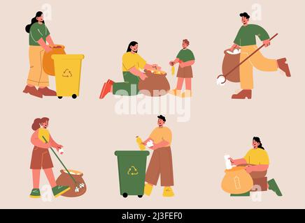 Les gens collectent les ordures et trient les déchets. Ensemble de bénévoles Vector collectant les déchets plastiques et organiques dans des sacs et une poubelle pour recyclage. Illustration plate Illustration de Vecteur