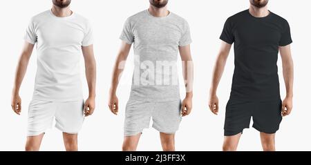 Maquette d'un t-shirt et d'un short de sport avec short de compression. Vêtements de sport blancs, noirs et gris chiné. Définir Banque D'Images