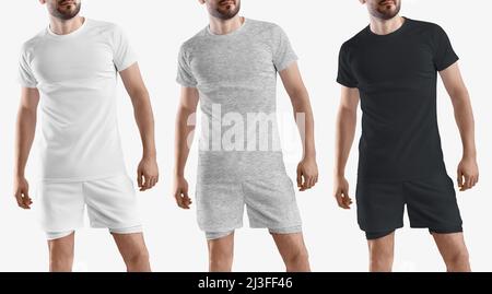 Ensemble de t-shirt et short de sport avec short de compression. Vêtements de sport blancs, noirs et gris chiné. Modèle de présentation Banque D'Images