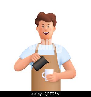 Jeune homme souriant Barista portant un tablier portant du lait fouetté dans la tasse à café. Café-restaurant, café à emporter. 3d personnes vectorielles c Illustration de Vecteur