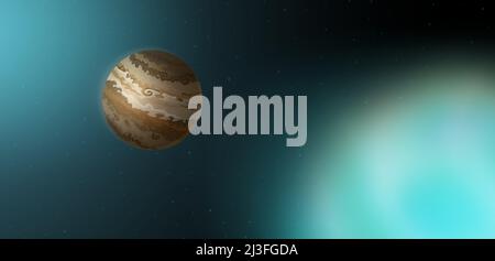 Jupiter, cinquième planète dans le système solaire dans l'espace. Illustration vectorielle de l'arrière-plan cosmos avec des étoiles, une planète géante de gaz marron et un E flou Illustration de Vecteur
