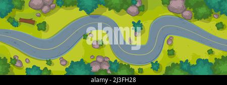 Vue de dessus de la route sinueuse de voiture, arbres et buissons. Illustration vectorielle de la vue aérienne du paysage d'été avec route en asphalte courbe, herbe verte Illustration de Vecteur