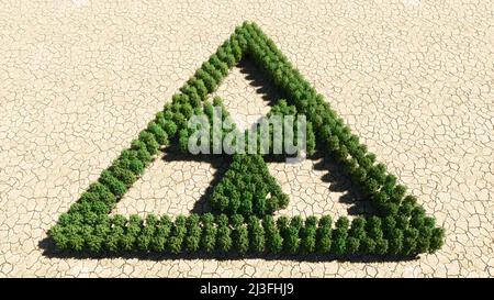 Concept ou groupe conceptuel d'arbre forestier vert sur fond de sol sec, icône de danger nucléaire.métaphore de l'illustration 3d pour l'avertissement, la puissance atomique Banque D'Images