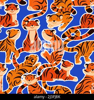 Motif sans couture avec autocollants de tigres de dessins animés dans différentes poses. Texture avec chats sauvages sur fond bleu pour le tissu. Papier peint pour enfants Banque D'Images