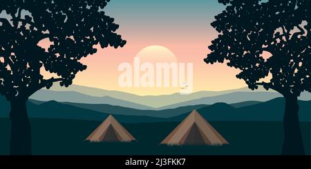 tentes de camp d'été entre les arbres sur la prairie avec vue sur la montagne Illustration de Vecteur