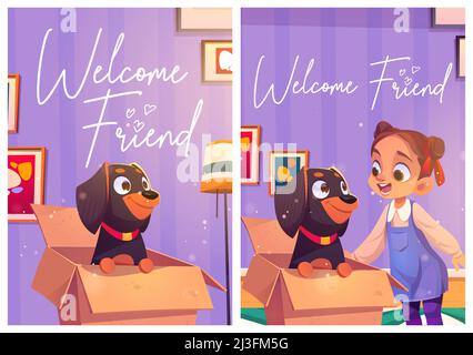 Affiches de dessins animés d'un ami de bienvenue. Bonne petite fille trouver le chiot de dachshund dans la boîte de carton. Animaux adoption, sauver une vie de chien sans abri, sauvetage d'animaux, custo Illustration de Vecteur