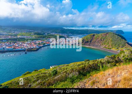 Le quartier de Porto PIM et la plage de l'île de Faial au Portugal. Banque D'Images