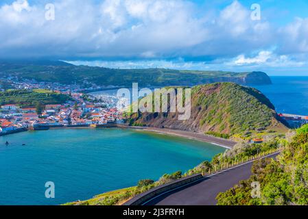 Le quartier de Porto PIM et la plage de l'île de Faial au Portugal. Banque D'Images