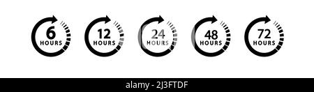 6, 12, 24, 48, 72 heures flèche d'horloge. Symbole temps de travail, temps de livraison et d'entretien, isolé sur blanc , icône vectorielle Illustration Illustration de Vecteur