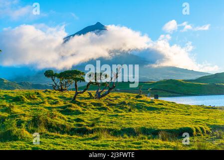 Montagne de Pico vue derrière Lagoa do Capitao, Açores, portugal. Banque D'Images