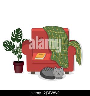 maison fauteuil intérieur, fleur et chat, couleur vecteur illustration plat Illustration de Vecteur