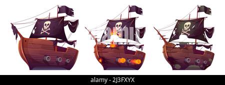 Navires pirates isolés sur fond blanc. Bateaux en bois avec voiles noires, canon de tir et drapeau roger Jolly. Ancien et nouveau cuirassé, barge après SH Illustration de Vecteur