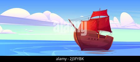 Vieux navire en bois avec voiles rouges en mer. Illustration vectorielle du paysage océanique avec un ancien galléon ou caravelle. Voilier avec mâts et cordes o Illustration de Vecteur