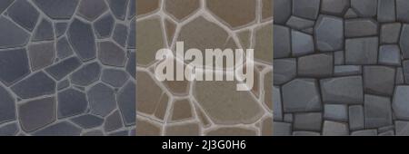 Textures de sol en pierre et mur pour l'arrière-plan du jeu. Dessin animé vectoriel motifs sans couture de la vue du dessus de la chaussée ou du carré avec des pavés et du granit Illustration de Vecteur
