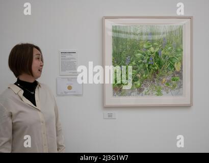 (Sous embargo jusqu'au vendredi 8 avril, 8pm heures). Saatchi Gallery, Londres, Royaume-Uni. 8 avril 2022. Les inscriptions au salon RHS Botanical Art & Photography 2022 ont fait l'objet d'un processus de présélection méticuleux, dans lequel la précision scientifique, les compétences techniques et l'esthétique de l'œuvre sont examinées par un jury d'experts avant l'ouverture du salon, avec des artistes et des photographes récompensés de l'or, de l'argent et de l'or RHS Médailles d'argent et de bronze. Image: L'artiste Mitsuko Kurashina (en photo), vit et travaille à Tokyo, Japon. Plantes de tsunami, peintures montrant les plantes qui ont germé dans les zones inondées après Banque D'Images