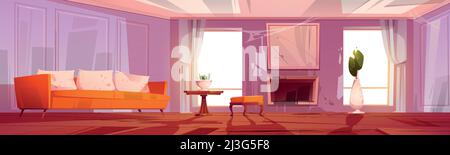 Vieux salon sale dans la maison abandonnée. Dessin animé vectoriel de l'intérieur vide de la maison avec désordre, meubles usés, plancher cassé en bois et fi Illustration de Vecteur