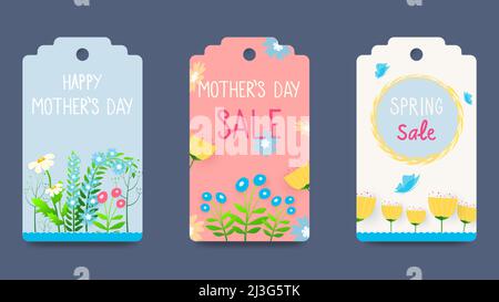 Étiquettes de fête des mères, étiquettes avec fleurs de printemps, papillons et inscriptions. Design tendance avec touches à la main et fleurs pastel. Moderne Illustration de Vecteur