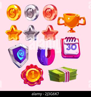 Icônes de jeu caricatures pièces d'or, argent et bronze, coupe de trophée d'or, étoiles de taux, bouclier avec signe mystique, aimant, calendrier, médaille de récompense et argent s. Illustration de Vecteur