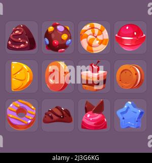 Jeu de bonbons icônes dessin animé vecteur ensemble. Sucreries pralines, caramel rond rayé, sucettes, caramel mou, gâteau, donut et étoile, choco ball avec dragee, sable Illustration de Vecteur