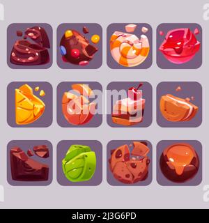 Des icônes de jeu de bonbons brisés caricatures écrasées de bonbons avec des morsures et des crumbles. Truffe au chocolat, praline, caramel, sucettes, caramel mou, caramel mou, gâteau, beignet, sandwich c Illustration de Vecteur