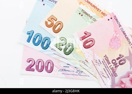 Billets turcs, chiffres de la livre turque macro shot. Banque D'Images