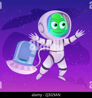 Mignonne de soucoupes volantes exotiques vertes dans l'espace. Univers violet et vaisseau spatial. Illustration de Vecteur