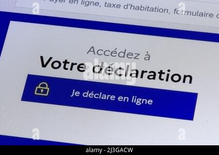 Détail du site Web du gouvernement français 'impots.gouv.fr' qui vous permet de produire votre déclaration de revenus, de calculer et de payer vos impôts en ligne Banque D'Images