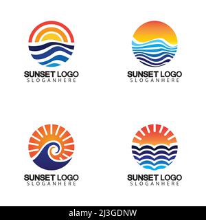 Modèle de dessin d'illustration vectoriel de symbole de logo Sunset Beach. Illustration de Vecteur