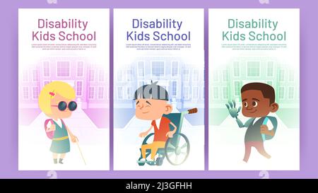Affiches de dessins animés d'école pour enfants handicapés multiraciaux, garçon asiatique en fauteuil roulant, fille blanche aveugle et enfant africain avec han Illustration de Vecteur
