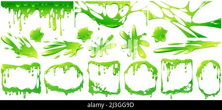 Éclaboussures de chaux sodée verte liquide, bordure et cadres provenant de la substance poisseuse qui s'égoutte. Ensemble de dessins animés vectoriels de gouttes et de blobs de mucus fluide. Illustration de l'ooz collant Illustration de Vecteur