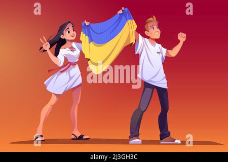 Émeute contre la guerre contre l'Ukraine, des personnes portant un drapeau ukrainien jaune et bleu sur la manifestation pour mettre fin à l'agression russe. Jeune femme en dre traditionnel Illustration de Vecteur