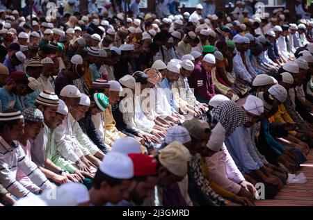 New Delhi, Inde. 8th avril 2022. Les musulmans prient lors de la prière du premier vendredi pendant le mois Saint du Ramadan à Jama Masjid à New Delhi, Inde, le 8 avril 2022. Crédit : Javed Dar/Xinhua/Alay Live News Banque D'Images