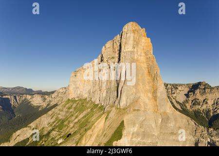 France, Isère (38), Chichilianne, Mont aiguille (2086 m), Parc naturel régional du Vercors, Réserve naturelle nationale des hauts plateaux du Vercors (vue aérienne) Banque D'Images