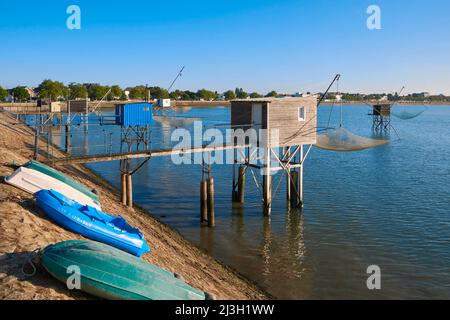 France, Loire Atlantique, Saint Nazaire, les pêcheries de Sautron le long du boulevard Albert 1er, petites cabanes pour les pêcheurs de plie Banque D'Images