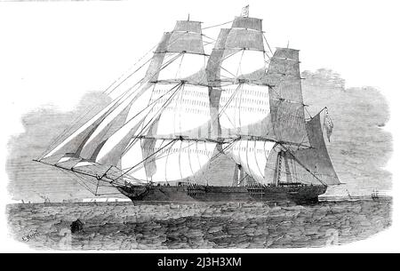 Le navire "Oriental", de New York, 1850. Arrivée de la première tondeuse américaine aux West India Docks à Londres, après la modification des lois de navigation. Elle '... a été construite pour le commerce de Chine... elle a navigué de New York lors de son premier voyage le 14th septembre 1849... Une période de quatorze mois et dix-neuf jours s'est écoulée... depuis lors elle a parcouru 67 000 milles... les faits ci-dessus sont tirés du journal, avec la permission du Capt T. D. Palmer, Par M. J. Spiller, de Wapping. Nous devons ajouter que l'Oriental apporte environ 1600 tonnes de thé à &#xa3;6 par tonne, alors que tous les navires sont en lo Banque D'Images