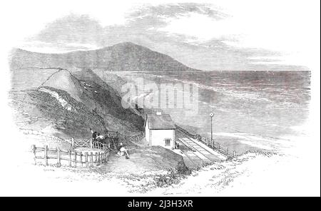 Ouverture du chemin de fer de Whitehaven et Furness Junction - Braestones Station, 1850. La gare de Braystones, sur la côte de la mer d'Irlande, était autrefois située à Cumberland. Il fait maintenant partie de Cumbria. De "Illustrated London News", 1850. Banque D'Images