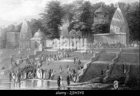 « A Sutee », 1845. Se faubourent sur les ghats au bord du Gange, Inde. Suttee ou sati était une pratique funéraire hindoue dans laquelle la veuve s'immolait du pyre funéraire de son mari. De "Hindostan, les rives de la mer Rouge, et les montagnes de l'Himalaya, vol. II". [Fisher, son & amp; Co., Londres, 1845] Banque D'Images