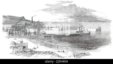 Ouverture du chemin de fer de Whitehaven et Furness Junction - Whitehaven Bay, 1850. « Pendant un temps considérable... à droite de la ligne de Whitehaven, est un objet de grandeur et de majesté, la mer, dont la large étendue s'étend jusqu'à ce que l'œil puisse atteindre ». Whitehaven, maintenant à Cumbria, faisait autrefois partie de Cumberland. De "Illustrated London News", 1850. Banque D'Images