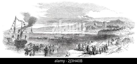 Course de bateaux à Cherbourg, 1850. Revue navale et régate sur la côte française. '...multitudes assemblées sur les jetées, les quais, les toits et les rivages. D'abord, il y a eu une régate commencée à neuf heures du matin. La première course était ouverte à tous les concerts, et plusieurs concerts appartenant à l'escadron de yacht anglais ont été entrés et ont couru pour le prix, qui, cependant, a été gagné par le bateau français Maguin. Le parcours a été exécuté deux fois, ce qui fait environ un mile et demi de longueur. La deuxième course a été pour les pinnaces, étant des bateaux appartenant à la flotte française, et courir aussi deux fois autour de la même cou Banque D'Images