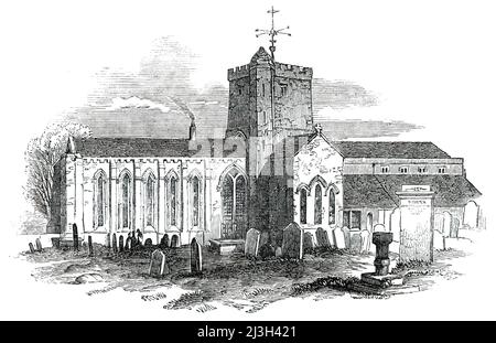 Ouverture du chemin de fer de Whitehaven et Furness Junction - église du Prieuré de St. Bees, 1850. L'église du Prieuré de St Mary et St Bega a été fondée en 1120. Le village de St Bees, maintenant à Cumbria, faisait autrefois partie de Cumberland. De "Illustrated London News", 1850. Banque D'Images