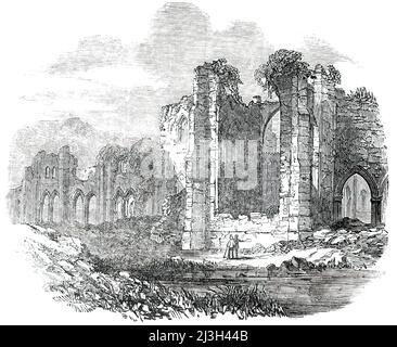 Ouverture du chemin de fer de Whitehaven et Furness Junction - Abbaye de Furness, 1850. « Les magnifiques ruines de l'abbaye de Furness, si frappantes de leur antiquité, beauté, et grandeur, sont considérées d'eux-mêmes d'un intérêt suffisant pour rembourser la difficulté d'une visite; et l'ouverture de cette ligne les rendra sans doute aussi familiers qu'ils sont merveilleux et imposants... le spectateur trouve son intérêt divisé entre la grandeur des ruines et la beauté surante de la vallée dans laquelle ils se trouvent. Leur grandeur peut être imaginée, quand nous déclarez qu'ils occupent un espace de plus de soixante A. Banque D'Images