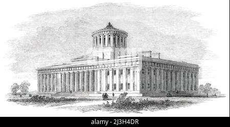 The State-House, Ohio, [USA], 1850. « Ce bel édifice a récemment été érigé dans la ville de Columbus... le bâtiment contient la salle des représentants... la chambre du Sénat... et la bibliothèque... la rotonde est richement ornée de cornice, de supports et de panneaux. Il y a aussi des salles pour le circuit court des États-Unis, des bureaux pour l'exécutif, et chaque département du gouvernement de l'État, outre trente-six salles de comité. Le style de l'architecture est grécien Doric... la rotonde est recouverte d'un toit conique en pierre, conçu par M. W. Russell West, l'architecte actuel Banque D'Images