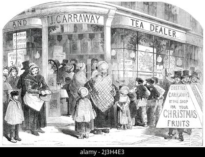 The Grocer's Shop at Christmas - dessiné par Foster, 1850. Les acheteurs font la queue pour acheter des fruits secs pour préparer des puddings à la prune. Illustration d'une histoire de John Oxenford. « De belles combinaisons de splendeur saccharide pour les yeux ; les rois et les reines, mal formées mais magnifiquement dorées et dépolies pour les yeux ; la pâte de pippin est impliquée dans des défilés curieux... mais l'intérêt du magasin du Grocer à la veille de Noël pénètre beaucoup plus profondément dans l'âme de la foule en charge de l'arpentage. Beaucoup, beaucoup d'entre eux... espèrent partager pratiquement dans le luxe bouilli... [le pudding de prune] ne représente pas une classe ou une caste, mais la majeure partie de la ème Banque D'Images