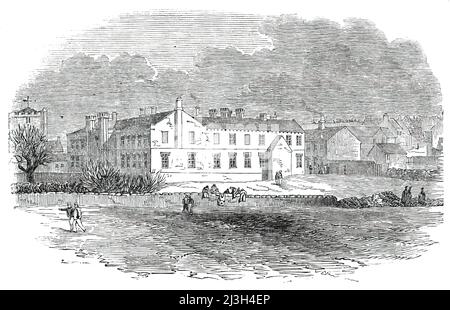 Ouverture du chemin de fer de Whitehaven et Furness Junction - St. Bees College, 1850. T. Bees, avec son célèbre collège, où l'enseignement universitaire est obtenu pour une somme moins élevée par an que ce qui serait versé à un maître d'école de pays. St. Bees, lui aussi, est connu comme un endroit d'arrosage à la mode et agréable. St Bees, maintenant à Cumbria, faisait autrefois partie de Cumberland. De "Illustrated London News", 1850. Banque D'Images