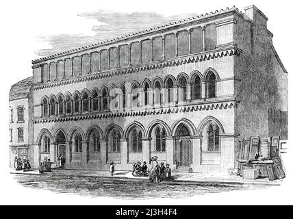 St. Martin's Northern Schools, Castle-Street, long-Acre [à Londres], ouvert jeudi dernier, 1850. « Un sermon a été prêché... par l'évêque de Londres, dans l'église Saint-Martin, dans le but d'inaugurer les... écoles... l'architecte étant M. James William Wild, et les bâtisseurs Messieurs Howard et Nixon... l'hébergement comprendra 400 garçons et filles, et une grande salle d'école pour les enfants, avec des résidences séparées de maîtres et de maîtresse. Il y a un terrain de jeu couvert au sommet du bâtiment - un élément roman - qui prolonge toute la longueur de lui (100 pieds)... l'évêque... pris pour lui Banque D'Images