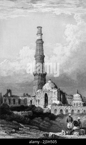 'Coobat Minar, Delhi', 1834. Vue sur le Qutb Minar à Delhi, Inde. De "Views in India, China and on the Shores of the Red Sea, vol. I". [Fisher, son & amp; Co., Londres, 1835] Banque D'Images