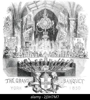 La Table royale, et l'insigne de la mairie, 1850. Banquet tenu à York pour célébrer la grande exposition à venir. La pièce maîtresse était '... un magnifique design ornemental de M. Soyer's, érigé en face de la fenêtre, et immédiatement derrière la grande table circulaire. Il se composait d'un grand vase emblématique de 20 pieds de hauteur, peint et modélisé par M. Alfred Adams. Autour de la base, Britannia reçoit des spécimens d'industrie d'Europe, d'Asie, d'Afrique et d'Amérique. Du centre des sources un palmier, entouré par les bras de la ville de Londres et York... ajouté étaient des couronnes gracieuses de fleurs, moi Banque D'Images