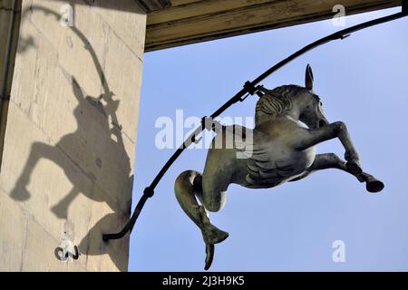 Suisse, canton de Fribourg, Fribourg, Grand rue, sculpture métallique suspendue sous un toit, unicorn Banque D'Images