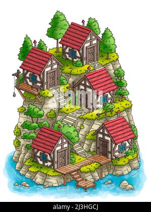 Illustration de maisons dessinées à la main, isométrique Banque D'Images